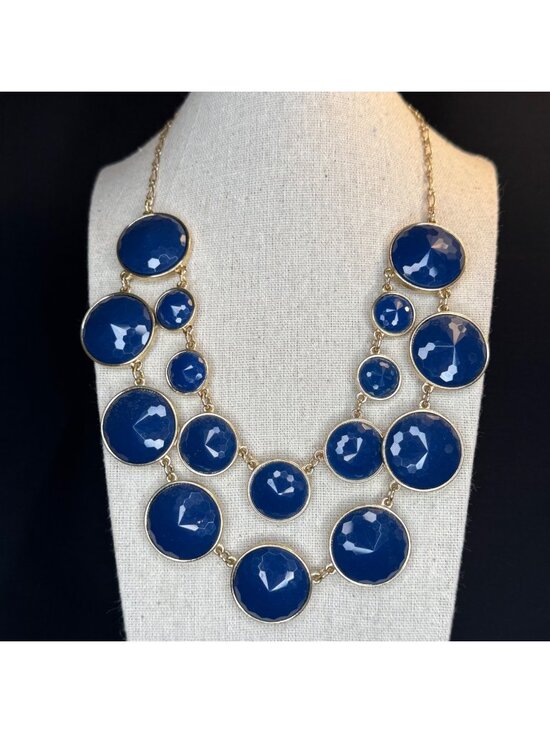 Jewelry - Gold Tone Blue Resin 1980's Bold Double Strand Statement Necklace 18" Adjustable